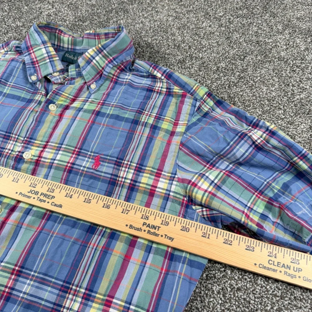Polo Ralph‎ Lauren Button Down Medium Blue Multi Plaid Classic Fit Short Sleeve